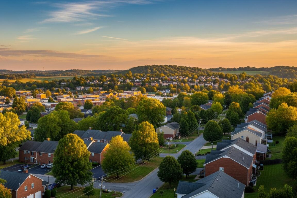 Aerial view of a suburban neighborhood at sunset with tree-lined streets and brick houses bathed in warm light.